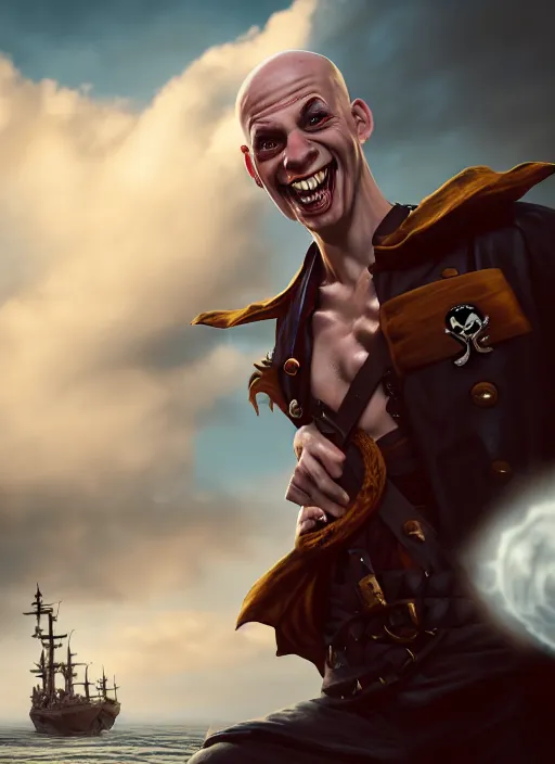 Image similar to An epic fantasy comic book style portrait painting of a skinny white bald sky-pirate with a goofy expression sitting in front of a ship's cannon, unreal 5, DAZ, hyperrealistic, octane render, cosplay, RPG portrait, dynamic lighting