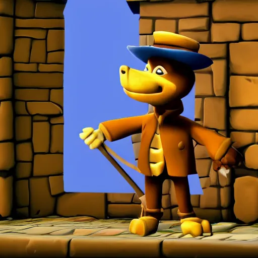 Image similar to screenshot of a humanoid inspector badger with a brown trenchcoat as an npc in spyro the dragon video game, with playstation 1 graphics, activision blizzard, upscaled to high resolution