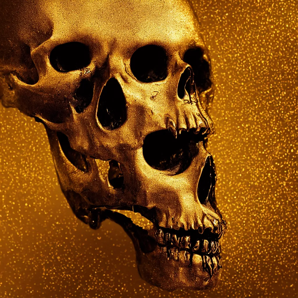 Image similar to black skull covered in thick dripping golden honey, golden hour, viscous, light rays, light bloom, bokeh, beautiful scene, white backdrop, professional studio product photography, HD render, octane render, VRAY, 8K, 4K