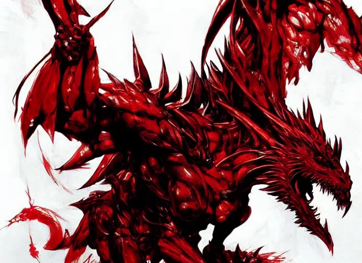 Image similar to Majestic red dragon with blue eyes. In style of Yoji Shinkawa and Hyung-tae Kim, trending on ArtStation, dark fantasy, great composition, concept art, highly detailed.