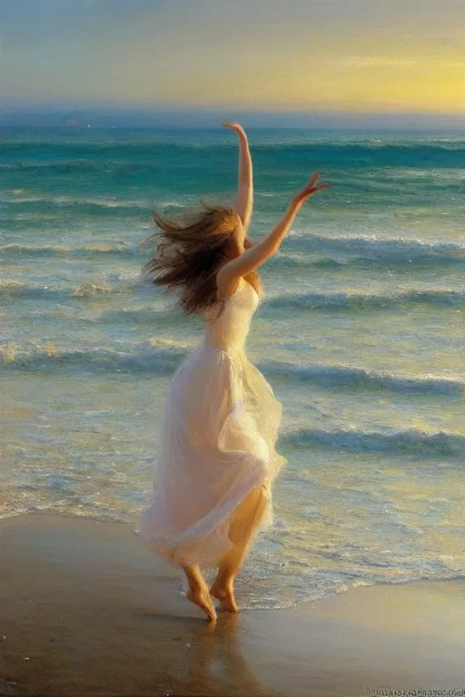 Prompt: A girl dancing on the seashore at sunset, by Vicente Romero Redondo