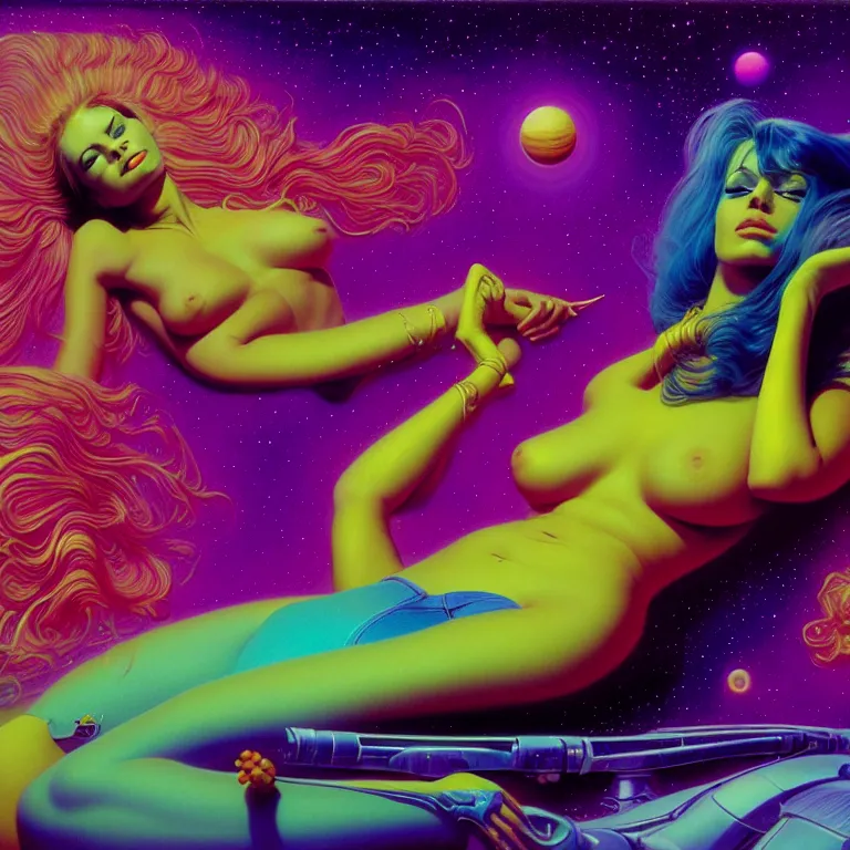 Image similar to cosmic girl, 2 0 yo, reclining close - up, bright neon colors, highly detailed, cinematic, panoramic, tim white, michael whelan, roger dean, bob eggleton, philippe druillet, vladimir kush, kubrick, alfred kelsner, boris vallejo