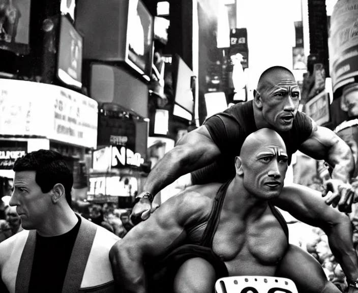 Image similar to Dwayne the Rock Johnson riding on the back of Adam Sandler, doing Methamphetamine at Times Square, photograph by Alfred Eisenstaedt, 4K, dramatic lighting; 4K 8K