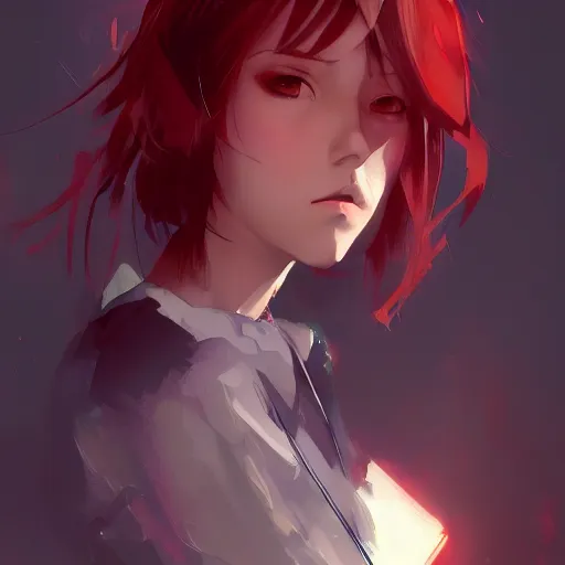 Image similar to anime style portrait of a teen girl with short red hair, dramatic lighting, anime illustration by Greg rutkowski, yoji shinkawa, 4k, digital art, concept art, trending on artstation, アニメ, featured on pixiv