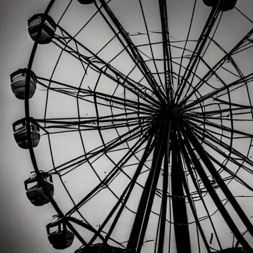 Image similar to an old abandoned rusty ferris wheel, in a town filled with pale yellow mist. Grainy. Award-winning photo. Sigma 40mm f/1.4 DG HSM