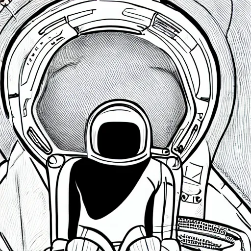 Image similar to Medium shot of a futuristic astronaut relaxing in space designed by Marjane Satrapi, digital art, cartoon art, minimalistic, illustration, fine lines, dadaistic,