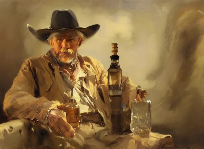 Image similar to oil painting of old rugged cowboy with whiskey bottle, art by anders zorn, wonderful masterpiece by greg rutkowski, beautiful cinematic light, american romanticism by greg manchess