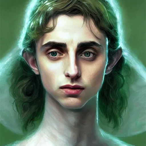 Image similar to Timothy Chalamet as Galadriel, ethereal, half-body portrait, Lord of the Rings, fantasy, portrait, highly detailed, digital painting, artstation, concept art, sharp focus, illustration, art by artgerm and greg rutkowski and magali villeneuve, white and green color scheme