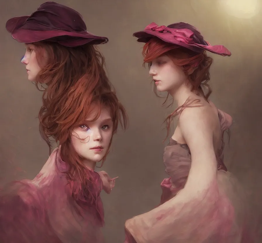 Image similar to realistic, dramatic, fantasy, render of a redhead young girl, with a pink wool street hat on her head, by wlop, artgerm, greg rutkowski, alphonse mucha, beautiful dynamic, dramatic, dark, moody lighting, shadows, cinematic atmosphere, artstation, concept design art, octane render, 8 k