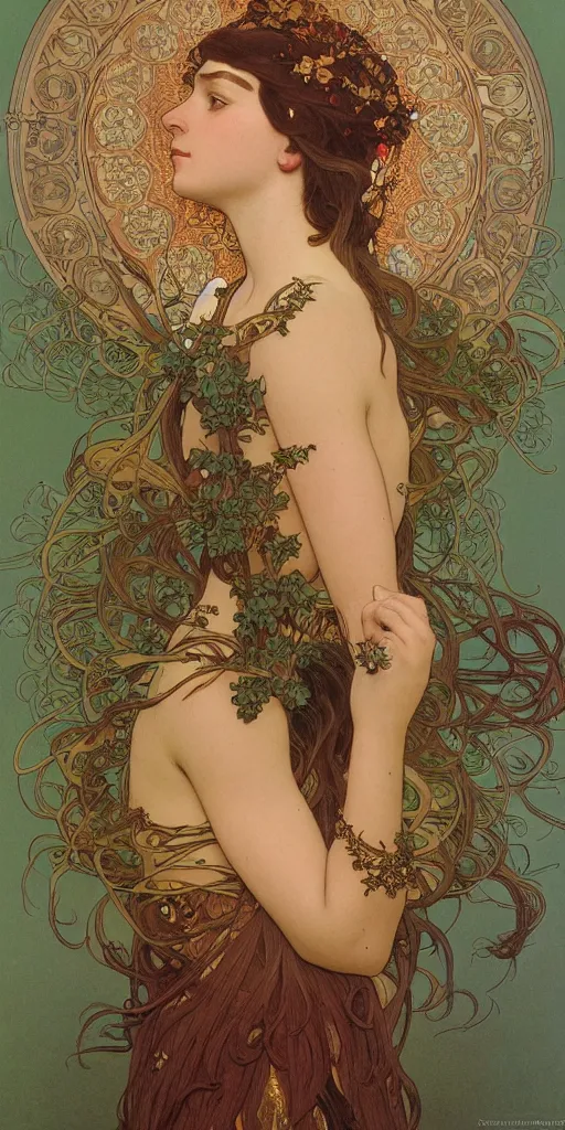 Image similar to a portrait of a beautiful female godess of spring, by Mohrbacher and Moebius and Alphonse Mucha and Roger Deakins, cinematic lighting, masterpiece, highly detailed, 8k resolution, trending on art station