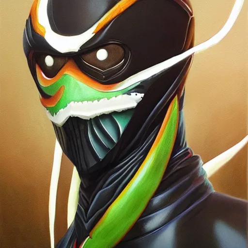 Prompt: a realistic painting by Raffaello Sanzi depicting the Kamen Rider Ichigo with the head of the symbiotic Venom in the Renaissance,smooth,Sharp focus, trending on Artstation.