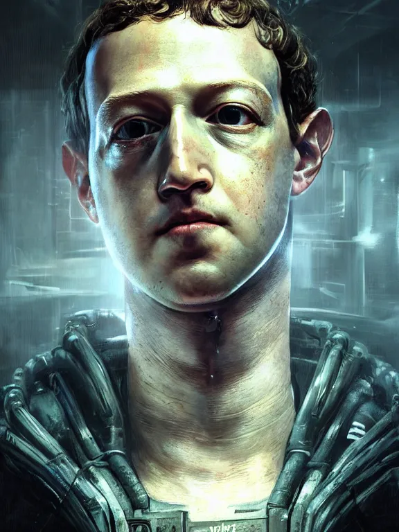 Image similar to portrait of a mark zuckerberg as an android from alien isolation, art by ryo shiotani and greg rutkowski, intricate, beautiful, cute, cinematic lighting, vintage art by serge ivanoff, high resolution, very detailed