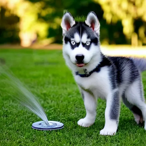 Image similar to a husky puppy playing in the sprinkler on the lawn