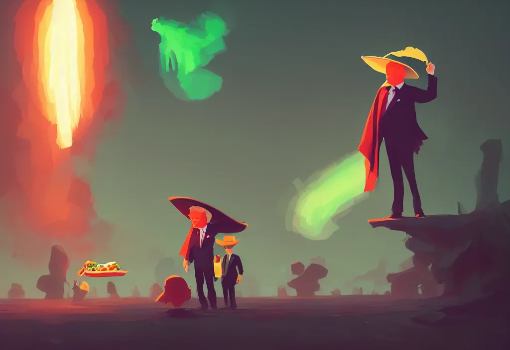 Prompt: donald trump dressed in poncho and sombrero holding a taco, presidental elections candidates, cnn, fox news, fantasy, by atey ghailan, by greg rutkowski, by greg tocchini, by james gilleard, by joe gb fenton, dynamic lighting, gradient light green, brown, blonde cream, salad and white colors in scheme, grunge aesthetic