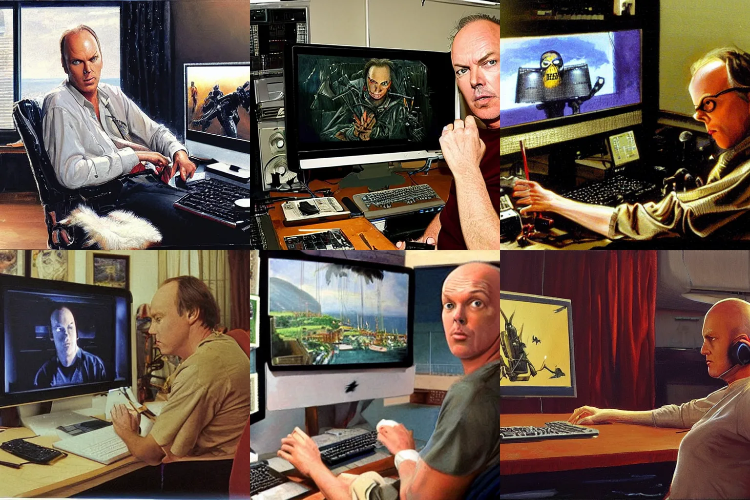 Prompt: michael keaton in his computer with thepiratebay on the screen, painting by James gurney