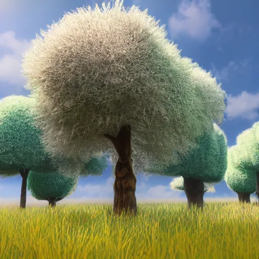 Image similar to Furry trees in a flowery meadow, 4K octane render, volumetric lighting