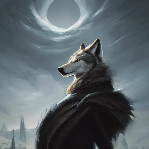 Image similar to an anthropomorphic wolf in a black doublet looking out over the hills, artstation hq, stylized, greg rutkowski, sharp focus, concept art, furaffinity fursona, furry, anthropomorphic