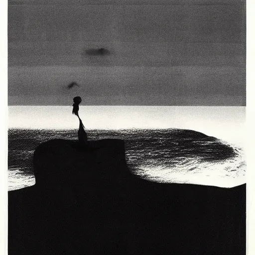 Image similar to A creature 5 meters tall, in a black chiffon layered robe, in a glitch hat Stuck in the textures of the sea, style of Hiroshi Sugimoto::atmospheric illustration