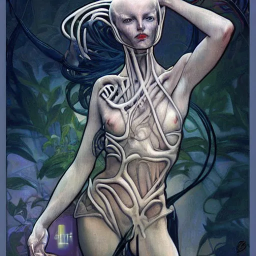 Image similar to professional digital painting, extreme illustration of an alien by H R Giger + artgerm, alphonse mucha ::