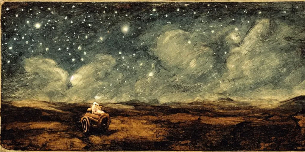 Image similar to portrait of a duny Bruggy driving on an alien planet, clouds visible, stars in the sky, mountains, etching, in the style of Goya