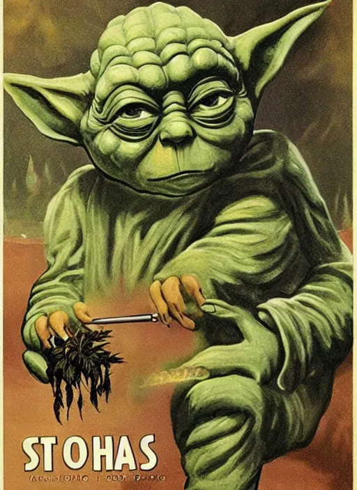 Image similar to vintage tourism poster for dagobah, depicting stoned yoda using force powers to smoke a blunt, surrounded by cannabis plants,