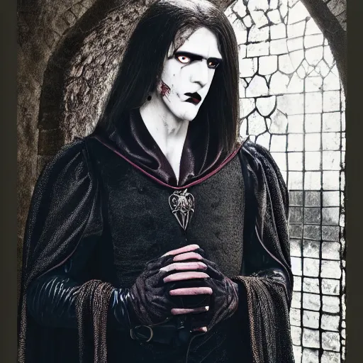 Image similar to head and shoulders vogue fashion photo portrait of a male vampire, d & d, fantasy, medieval castle, year 1 3 3 0