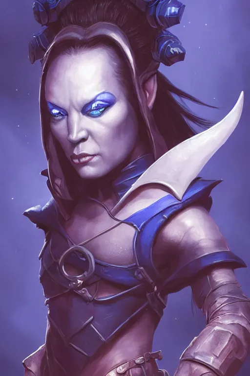 Prompt: shirley ann manson as a dark blue skinned tiefling, d & d, fantasy, portrait, highly detailed, headshot, digital painting, trending on artstation, concept art, sharp focus, illustration, art by artgerm and greg rutkowski and magali villeneuve