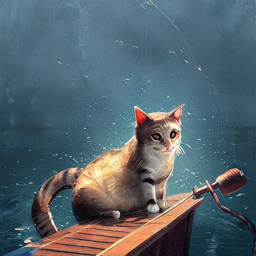 Image similar to fisherman cat, cat fishing from boat, digital art by Greg rutkowski