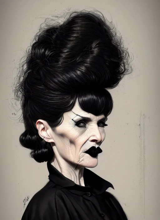 Image similar to portrait of a middle - aged woman with a crooked nose and a confident expression, 1 9 6 0 s, black clothes, goth, punk, funk, intricate, elegant, highly detailed, digital painting, artstation, concept art, smooth, sharp focus, illustration, art by wlop, mars ravelo and greg rutkowski