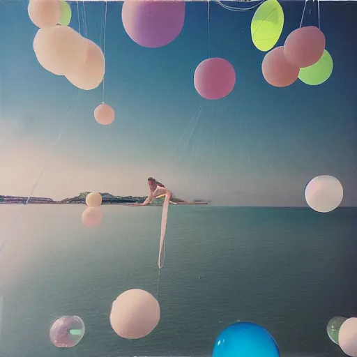 Prompt: a pastel colour high fidelity Polaroid art photo from a holiday album at a seaside with abstract inflatable parachute furniture ((and spheres)), all objects made of transparent iridescent Perspex and metallic silver, no people, iridescence, nostalgic