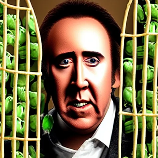 Prompt: nicolas cage trapped in a wicker cage being covered in peas