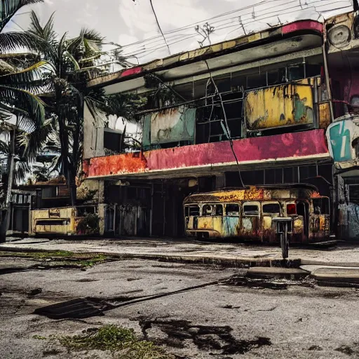 Image similar to low wide angle shot of dilapidated fallout 5 miami, tropical coastal city, desolate, dilapidated neon signs, few rusted retro futuristic vintage parked vehicles like cars, buses, trucks, trams, sunny weather, few clouds, volumetric lighting, photorealistic, daytime, spring, sharp focus, ultra detailed, 4 0 0 0 k