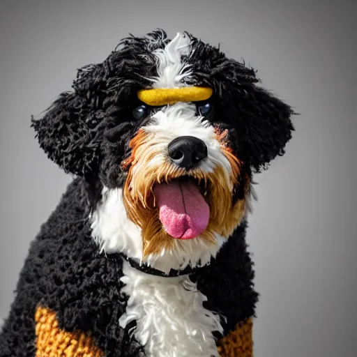 Image similar to a closeup photorealistic photograph of a cute smiling knitted bernedoodle judge dog dressed in a black gown, presiding over the courthouse. indoors, professional capture, well lit shot. this 4 k hd image is trending on artstation, featured on behance, well - rendered, extra crisp, features intricate detail, epic composition and the style of unreal engine.