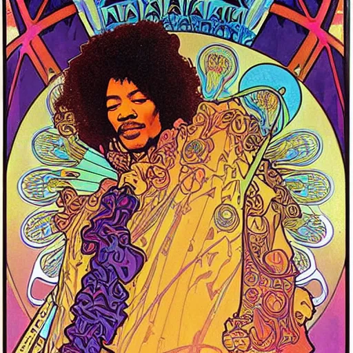 Image similar to jimi hendrix by alphonse mucha and moebius, psychadelic