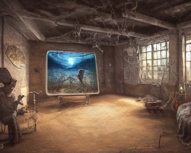 Prompt: a painting of a confusing room filled with unusual artifacts, an airbrush painting by breyten breytenbach, cgsociety!, neo - primitivism, dystopian art,! apocalypse landscape!!