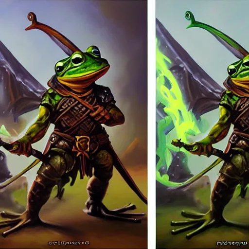 Prompt: oil painting of a frog warrior, in the style of oldschool dungeons & dragons and magic the gathering, promotional character art, highly detailed