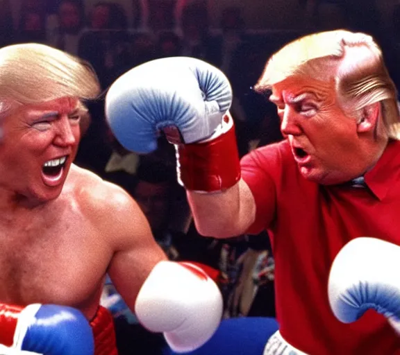 Prompt: color film still of joe biden and donald trump boxing ring fighting in film rocky 1 9 7 6, grinning,