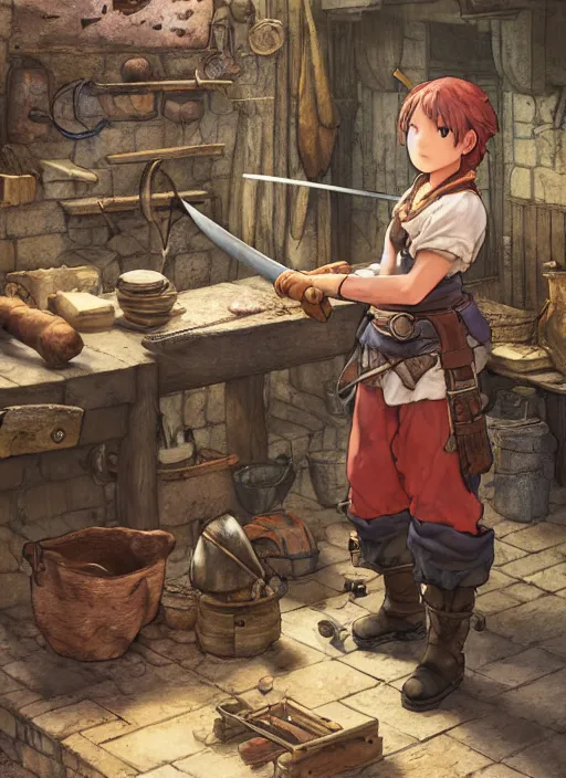 Image similar to character portrait of a blacksmith tomboy making a sword at the smithy, hidari, color page, tankoban, 4K, tone mapping, Akihiko Yoshida.
