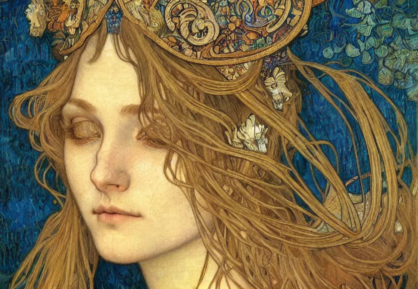 Image similar to detailed realistic beautiful young medieval queen face portrait by jean delville, alphonse mucha, vincent van gogh, and marco mazzoni, art nouveau, symbolist, visionary, gothic, pre - raphaelite