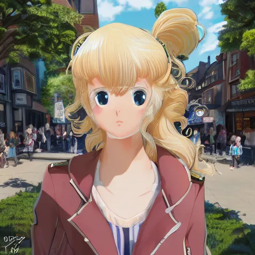 Image similar to blonde - haired princess, anime princess, wearing black jacket and white leggings, looking through crowd, town street, festival street, trees, green trees, blue lighting, blue sunshine, strong lighting, strong shadows, vivid hues, ultra - realistic, sharp details, subsurface scattering, intricate details, hd anime, 2 0 1 9 anime