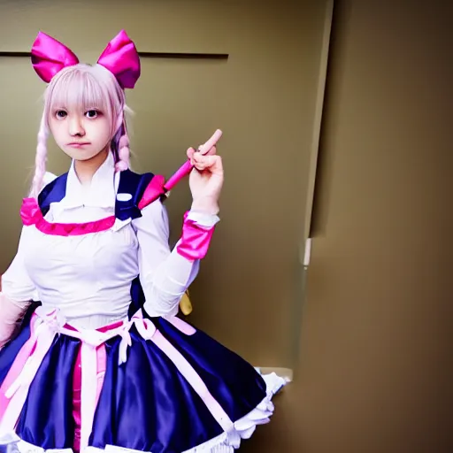 Prompt: a high definition photo of a young cosplayer with twin tails, wearing maid dress