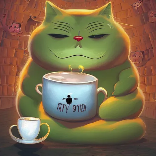 Prompt: angry fat cat full of rage clutching a cup of tea angrily, by cyril rolando and naomi okubo and dan mumford and ricardo bofill, HD, 4k