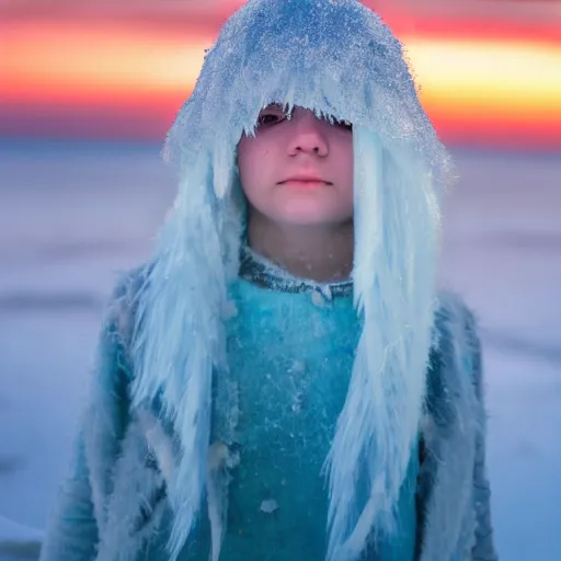 Prompt: ice dust around a frozen girl with white hair and blue eyes on the seashore, In detail, sunset