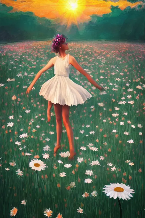 Image similar to giant white daisy flower under head, girl dancing in a flower field, surreal photography, sunrise, dramatic light, impressionist painting, colorful clouds, digital painting, artstation, simon stalenhag