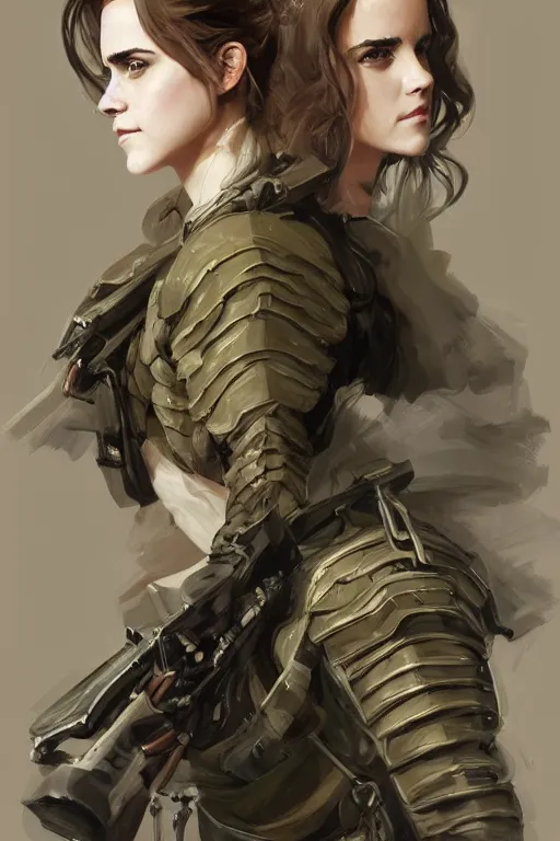 Image similar to a professionally painted portrait of a beautiful Emma Watson, clothed in military armor, olive skin, long dark hair, beautiful bone structure, symmetrical facial features, intricate, elegant, digital painting, trending on Artstation, concept art, smooth, sharp focus, illustration, from Metal Gear by Ruan Jia and Mandy Jurgens and Artgerm and William-Adolphe Bouguerea, award winning