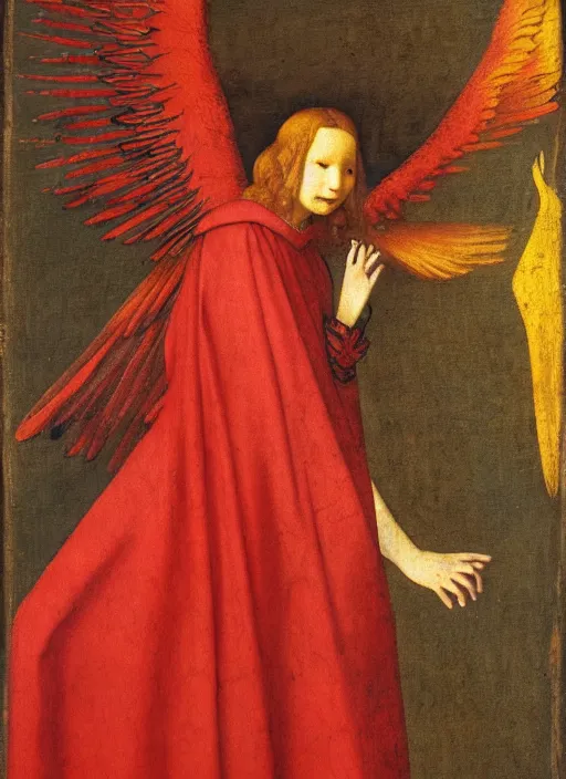 Image similar to Flying Fallen Angel with wings dressed in red, Medieval painting by Jan van Eyck, Johannes Vermeer, Florence