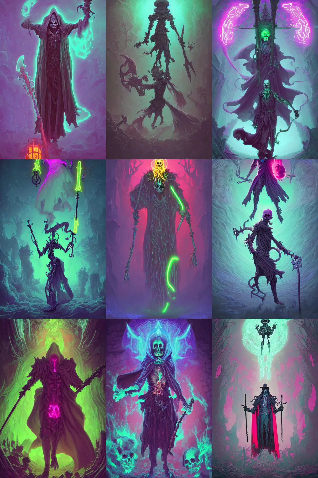 Prompt: ghostly necromancer, full body character with staff in hand, ghost cape, neon color, creepy, skeleton and ghosts, digital art by Dan Mumford and Peter Mohrbacher, highly detailed, trending on ArtStationHQ