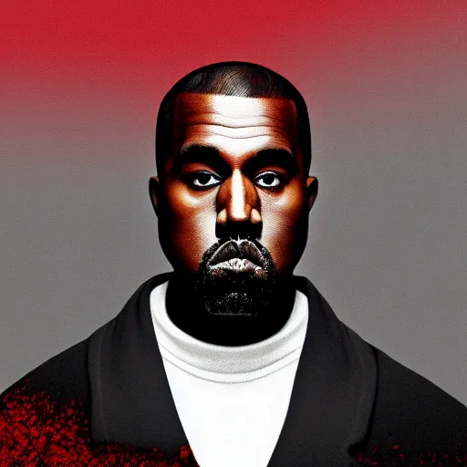 Image similar to kanye west, glowing red eyes, half of face is exoskeleton, 4k, digital art