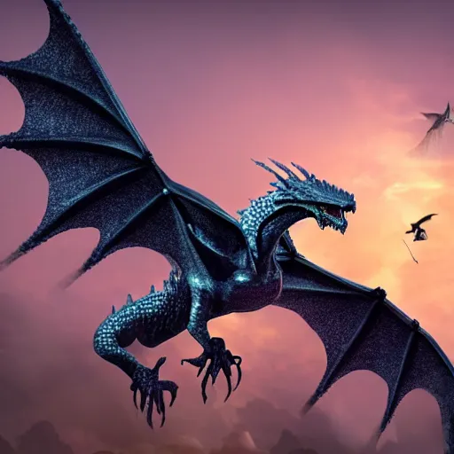 Prompt: a photorealistic alien that is a hybrid of a medieval dragon and a eagle in the sky during a sunset, ultra realistic, 4 k highly detailed