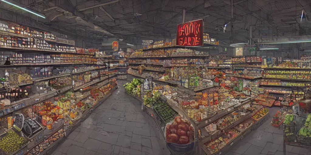 Image similar to cyberpunk grocery store overview mapa design, Moebius, Greg Rutkowski, Zabrocki, Karlkka, Jayison Devadas, Phuoc Quan, trending on Artstation, 8K, ultra wide angle, pincushion lens effect